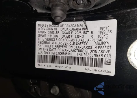 2019 Honda Civic Sport from USA, damaged, VIN 2HGFC2F8XKH596082